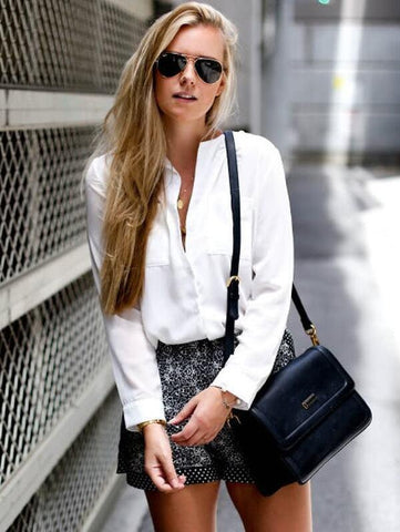 Revere Collar Pocket Front Chiffon Blouse - takostyle