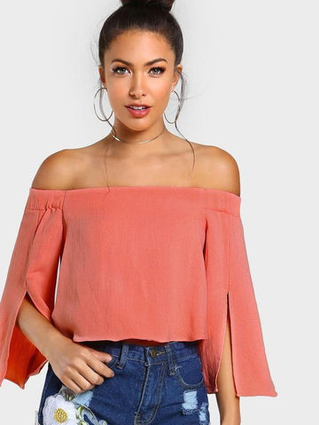 Off Shoulder Slit Sleeve Top CORAL - takostyle
