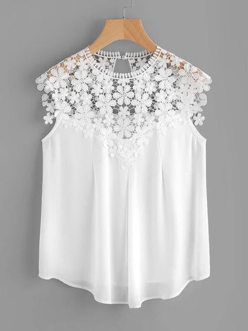 Guipure Lace Yoke Cut Out Shell Top - takostyle