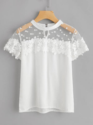 Dot Mesh Panel Crochet Appliques Blouse - takostyle