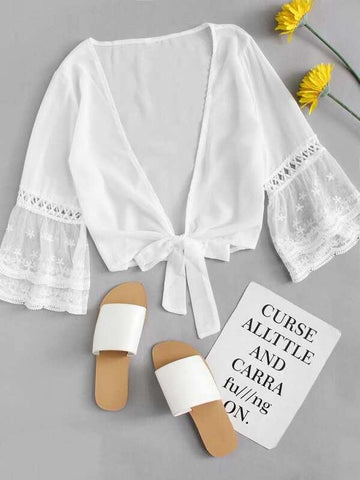 Sheer Mesh Sleeve Knot Plunge Top - takostyle