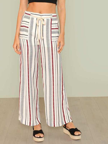 Stripe Tie Waist Palazzo Pants - takostyle