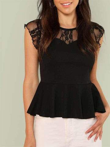Lace Mesh Yoke Lettuce Trim Peplum Top - takostyle