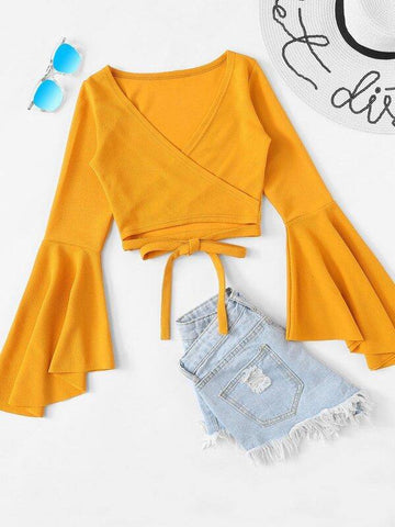 Bell Sleeve Wraparound Self-Tie Crop Top - takostyle
