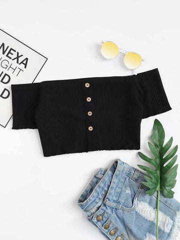 Button Front Rib Knit Bardot Crop Tee - takostyle