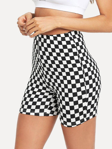 Checkered Print High-Rise Biker Shorts - takostyle