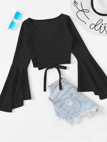 Bell Sleeve Self-Tie Crop Top - takostyle