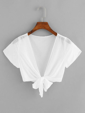 Plunging Sheer Self-Tie Crop Top - takostyle