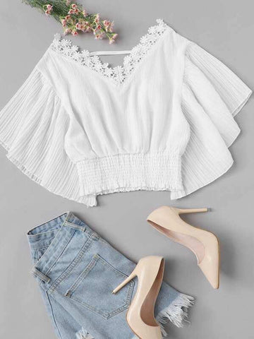 Lace Trim Pleated Sleeve Shirred Crop Top - takostyle