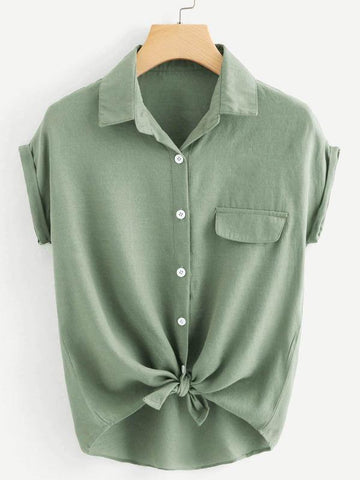 Rolled Cuff Knotted Hem Shirt - takostyle
