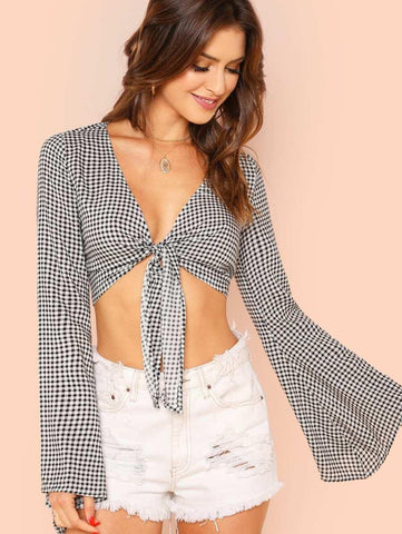 Plunging Knot Front Bell Sleeve Gingham Crop Top - takostyle
