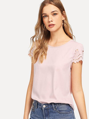 Scallop Laser Cut Sleeve Buttoned Keyhole Back Top - takostyle