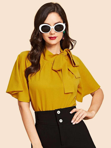 Flutter Sleeve Tie Neck Blouse - takostyle