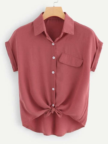 Rolled Cuff Knotted Hem Shirt - takostyle