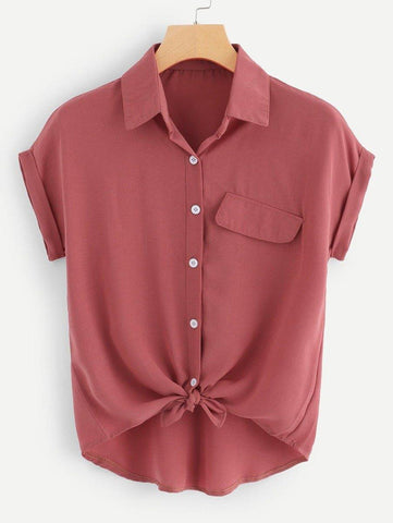 Rolled Cuff Knotted Hem Shirt - takostyle