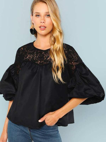 Trumpet Sleeve Floral Lace Yoke Blouse - takostyle