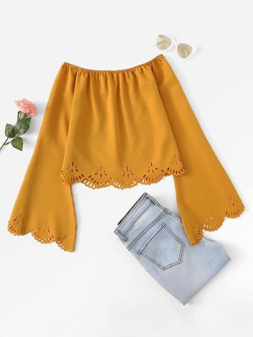 Laser Cut Off-the-Shoulder Scalloped Top - takostyle