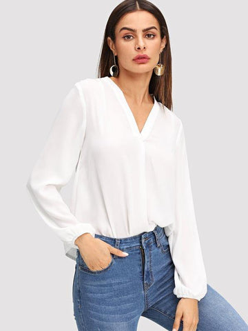 V Neck Blouson Sleeve Solid Top - takostyle