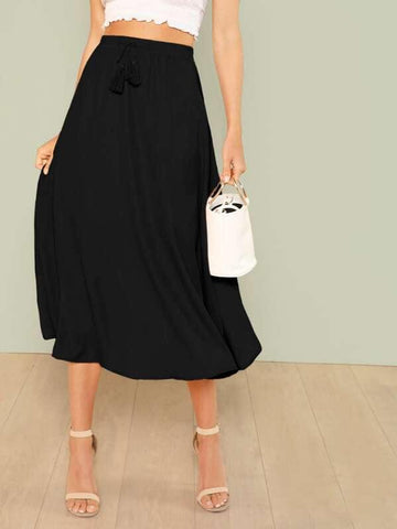 Tassel Drawstring Waist Solid Skirt - takostyle