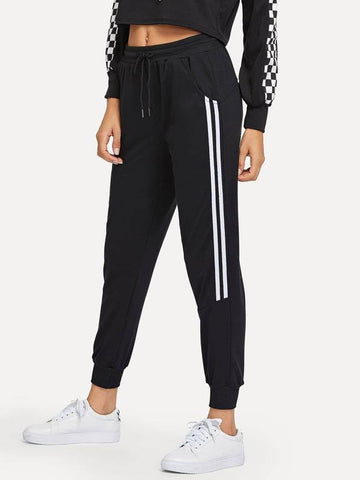 Drawstring Waist Contrast Trim Pants - takostyle