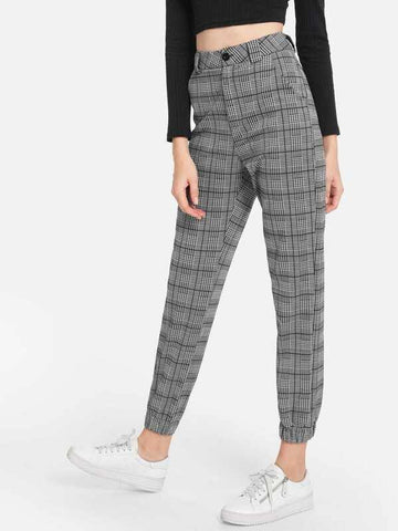 Plaid Button Decoration Pants - takostyle