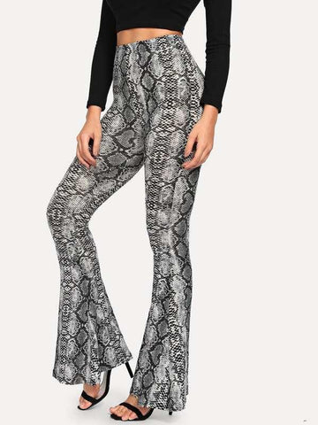 Snake Print Flare Hem Pants - takostyle