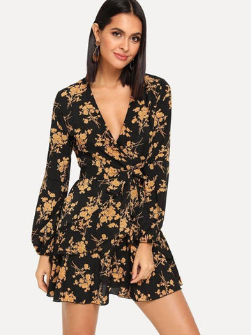 Tiered Ruffle Surplice Belted Floral Tea Dress - takostyle