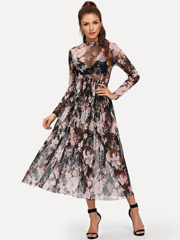 Mock Neck Semi Sheer Pleated Floral Dress - takostyle