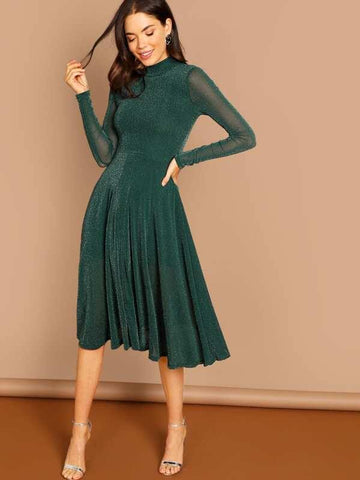 Sheer Sleeve Glitter Flare Prom Dress - takostyle