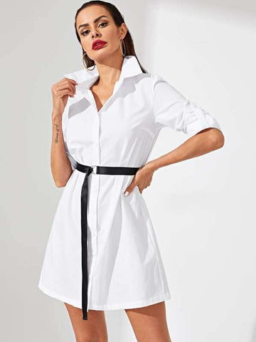 Rolled Tab Sleeve D-Ring Belt Shirt Dress - takostyle