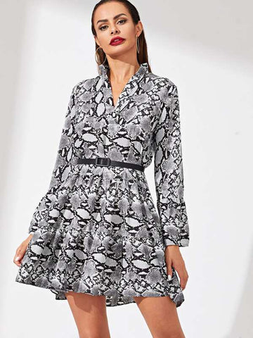 Snakeskin Belted Waist Flare Dress