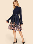 50s Floral Frill Neck Belted Flare Dress - takostyle