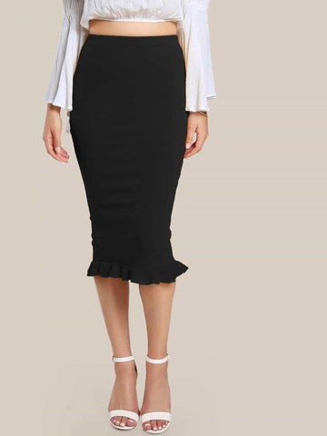 Split Ruffle Hem Pencil Skirt - takostyle