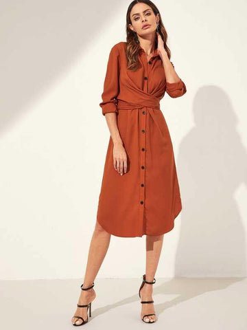 Button Through Self Tie Shirt Dress - takostyle