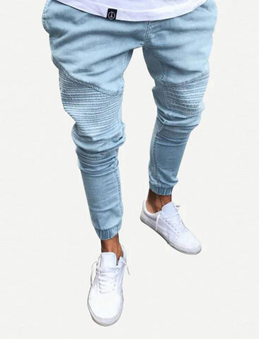 Men Elastic Hem Moto Jeans
