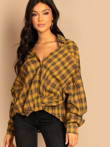 Plaid High-Low Oversized Shirt - takostyle