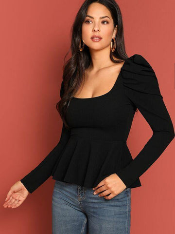 Square Neck Puff Sleeve Peplum Top - takostyle