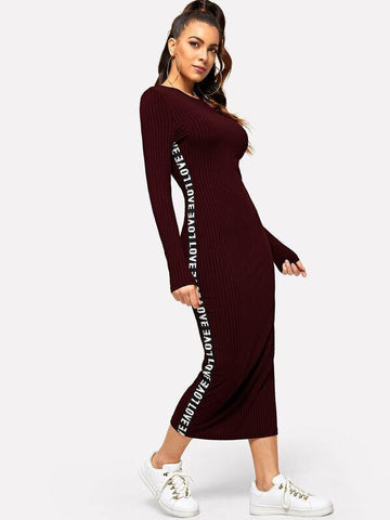 Lettering Tape Side Ribbed Pencil Dress - takostyle