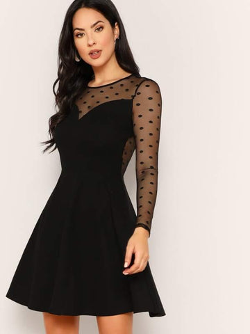 Cut Out Back Dobby Mesh Yoke Swing Dress - takostyle