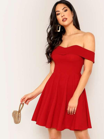 Foldover Off Shoulder Flare Prom Dress - takostyle