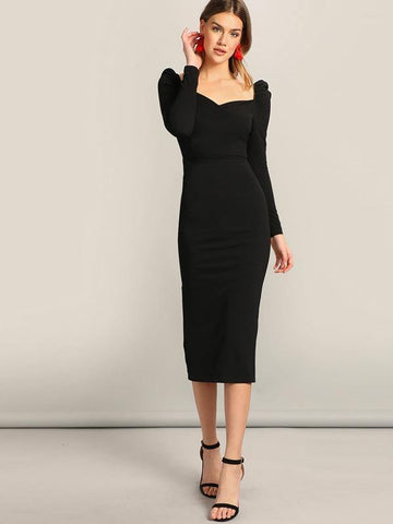 Surplice Neck Puff Sleeve Split Pencil Dress - takostyle