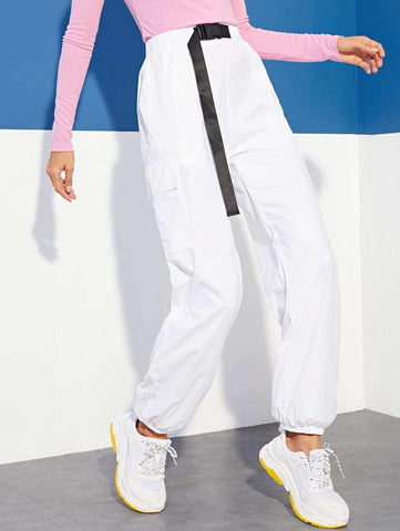 Push Buckle Belt Front Elastic Hem Pants - takostyle