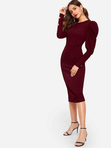 Button Detail Puff Sleeve Slit Dress - takostyle