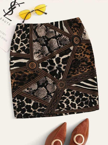 Mixed Animal Print Fitted Skirt - takostyle