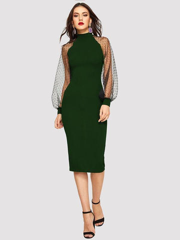 Jacquard Mesh Raglan Sleeve Pencil Dress - takostyle