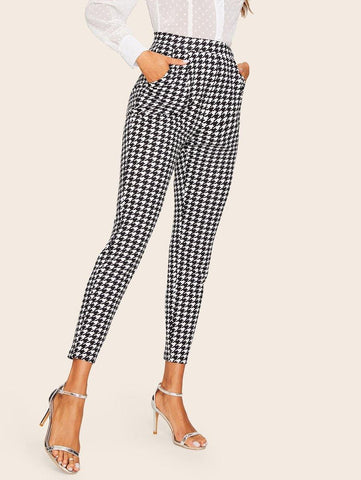 Slant Pocket Side Cropped Houndstooth Pants - takostyle
