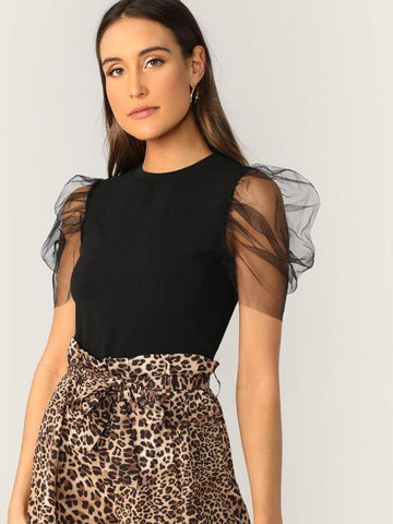 Mesh Puff Sleeve Form Fitting Top - takostyle
