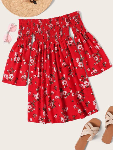 Floral Print Off The Shoulder Shirred Dress - takostyle