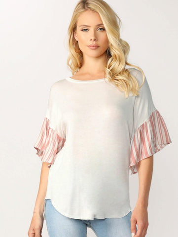 Striped Ruffle Sleeve Jersey Knit Round Neck Top - takostyle