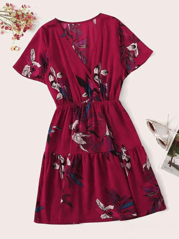 Surplice Floral Print Ruffle Hem Dress - takostyle